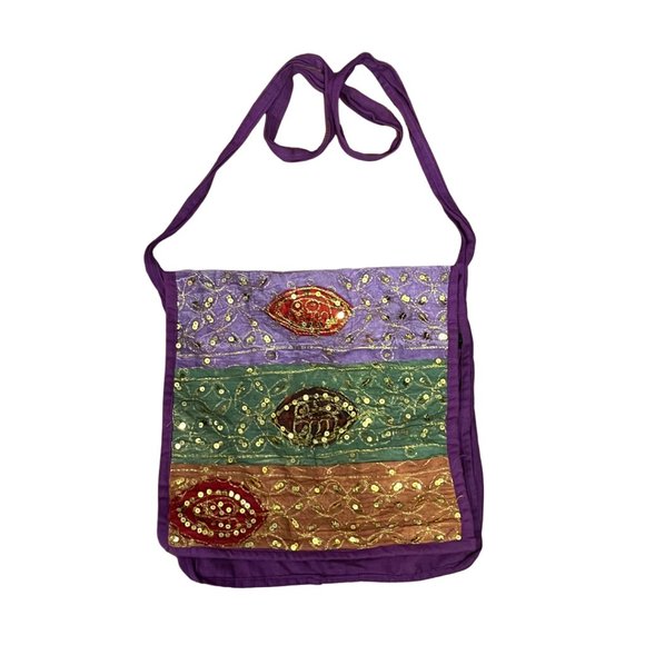 Purple Sequins Boho Hippie Crossbody Bag - Picture 1 of 3